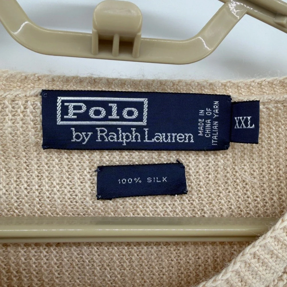 VTG Polo Ralph Lauren Mens XXL Beige 100% Silk V-Neck Sweater Italian Yarn Tan